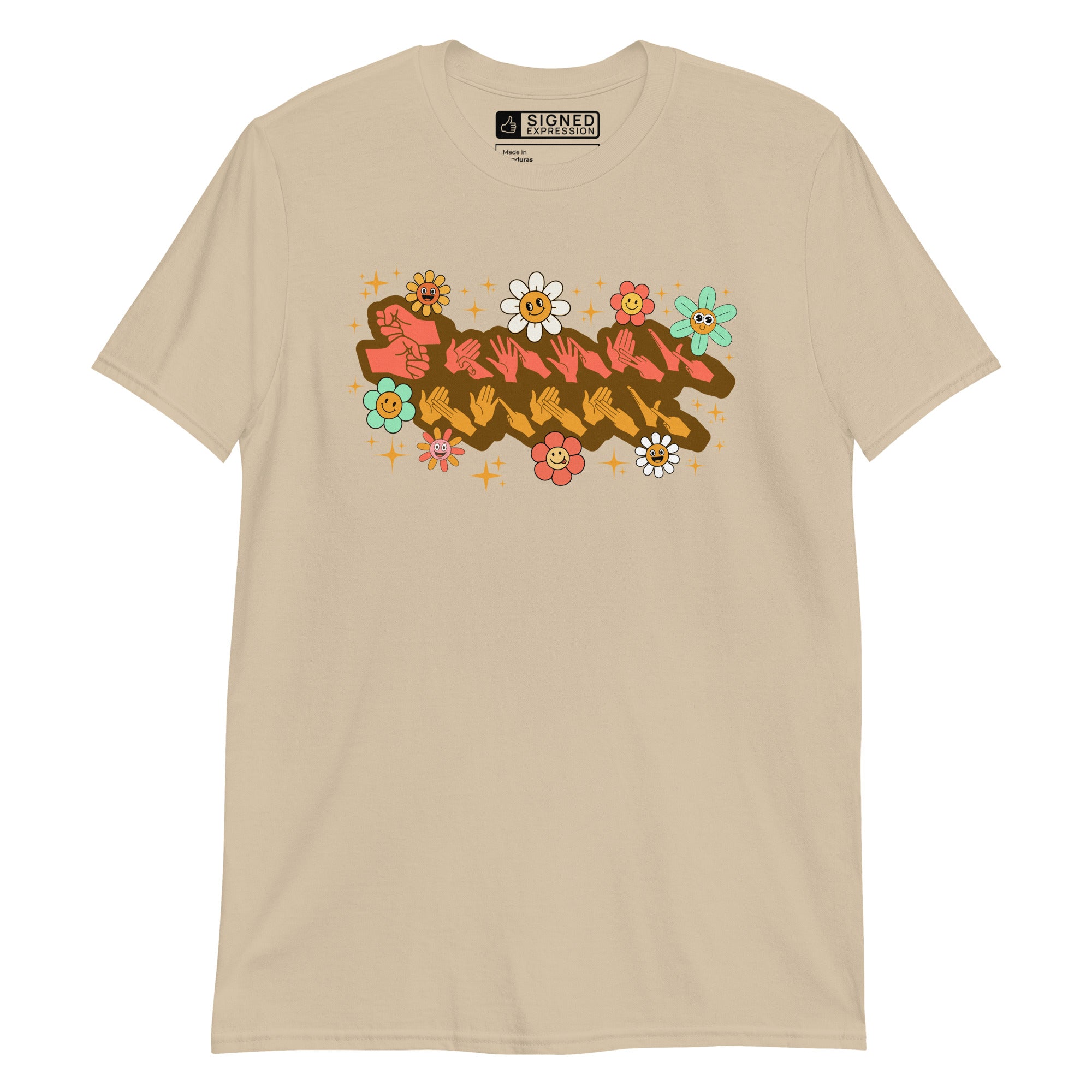 Sand coloured T-Shirt showing a Groovy Mummy BSL design