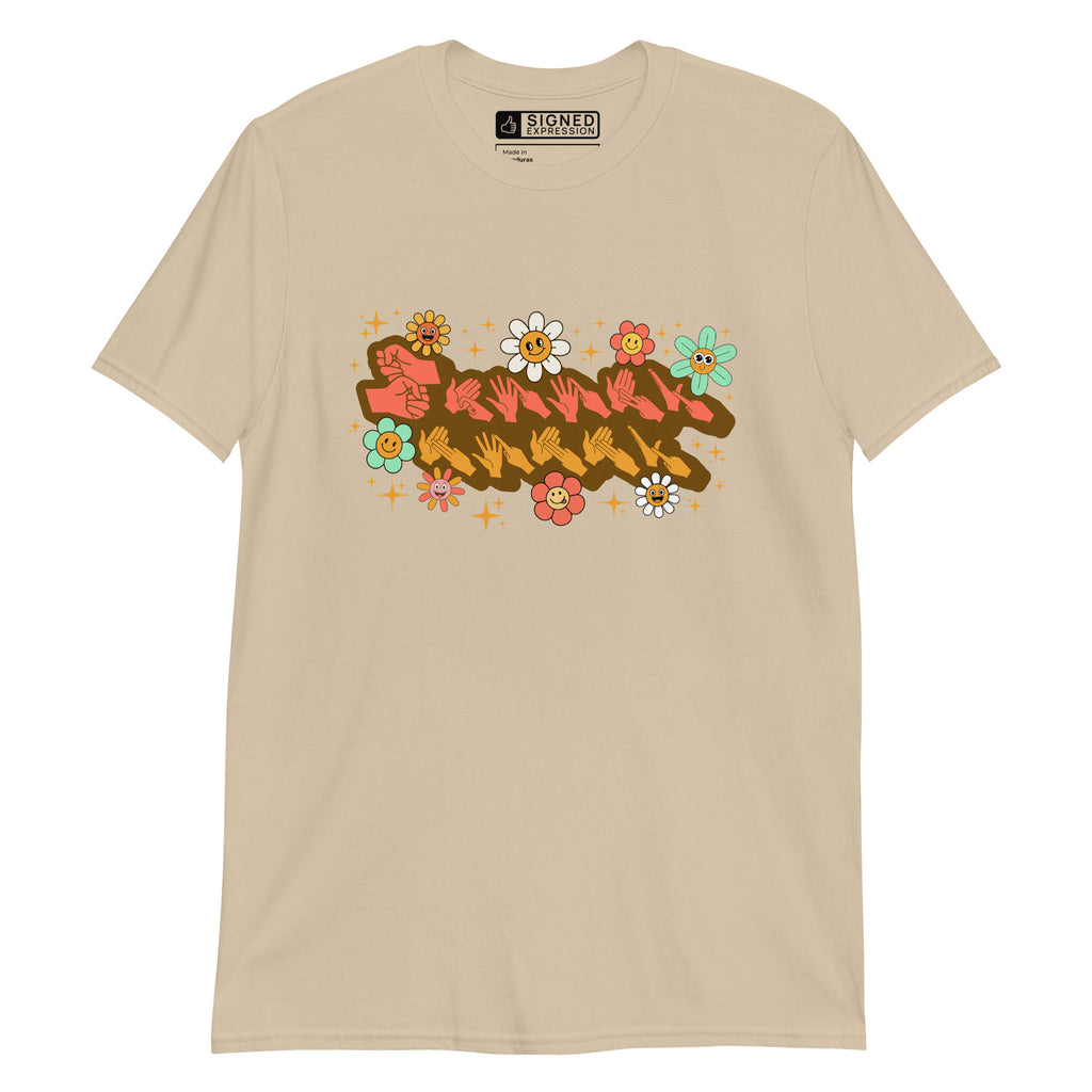 Sand coloured T-Shirt showing a Groovy Mommy BSL design