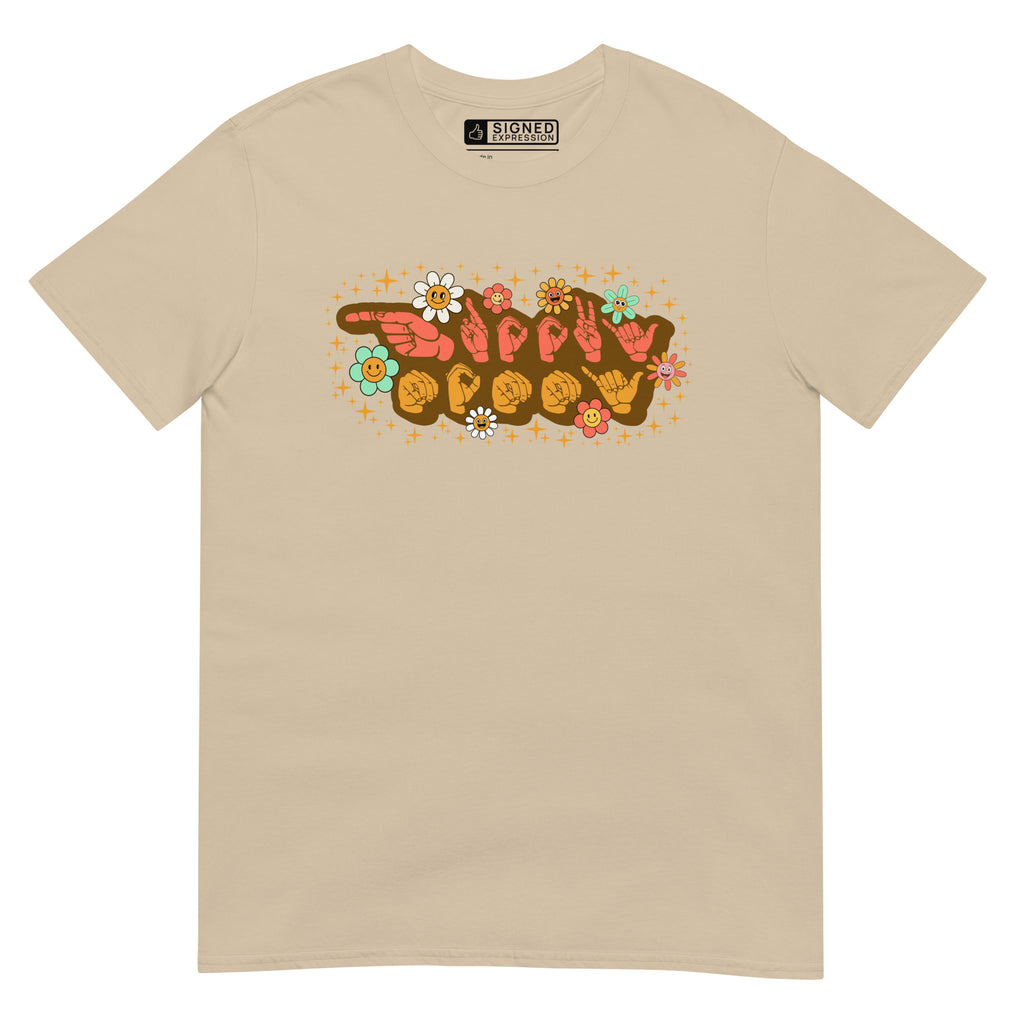 Sand colored T-Shirt showing a Groovy Mommy ASL design