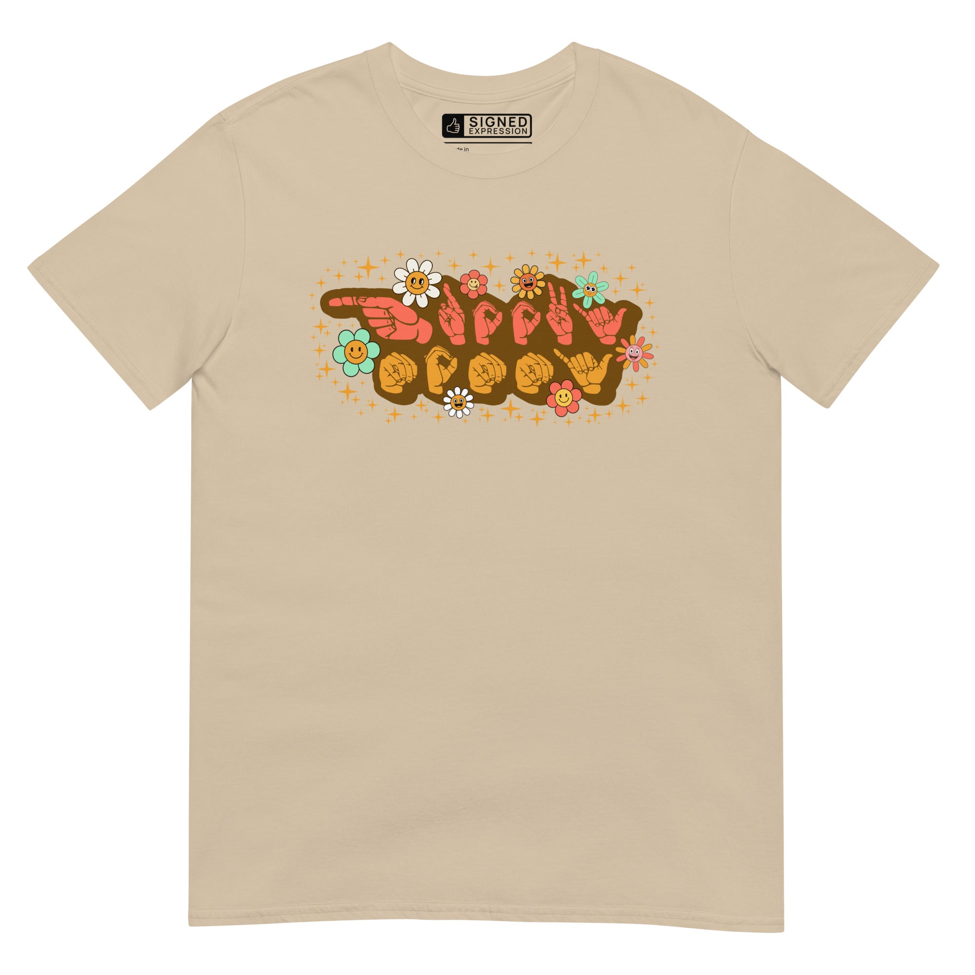 Sand colored T-Shirt showing a Groovy Mommy ASL design