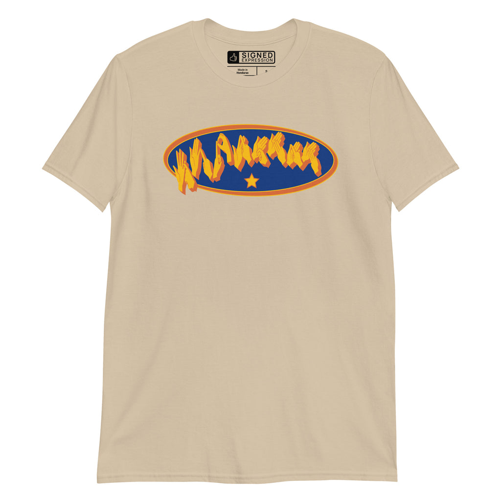 Sand coloured T-Shirt showing a Supermam BSL fingerspelling design