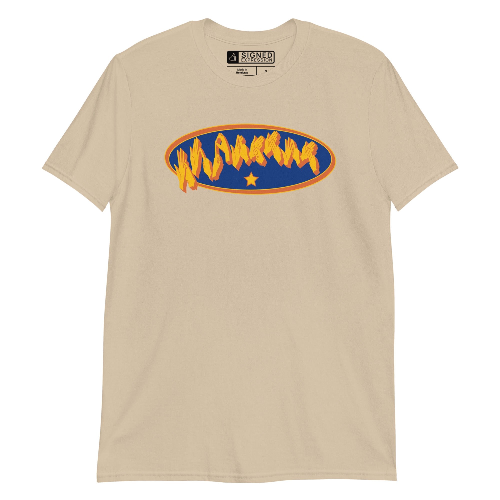 Sand coloured T-Shirt showing a Supermom BSL fingerspelling design