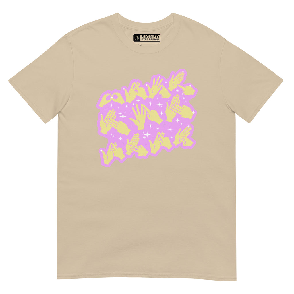 Sand coloured T-Shirt showing a Best Mom Ever BSL fingerspelling design