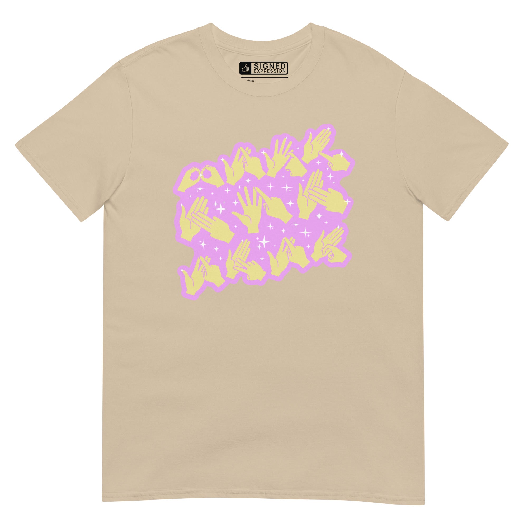 Sand coloured T-Shirt showing a Best Mom Ever BSL fingerspelling design