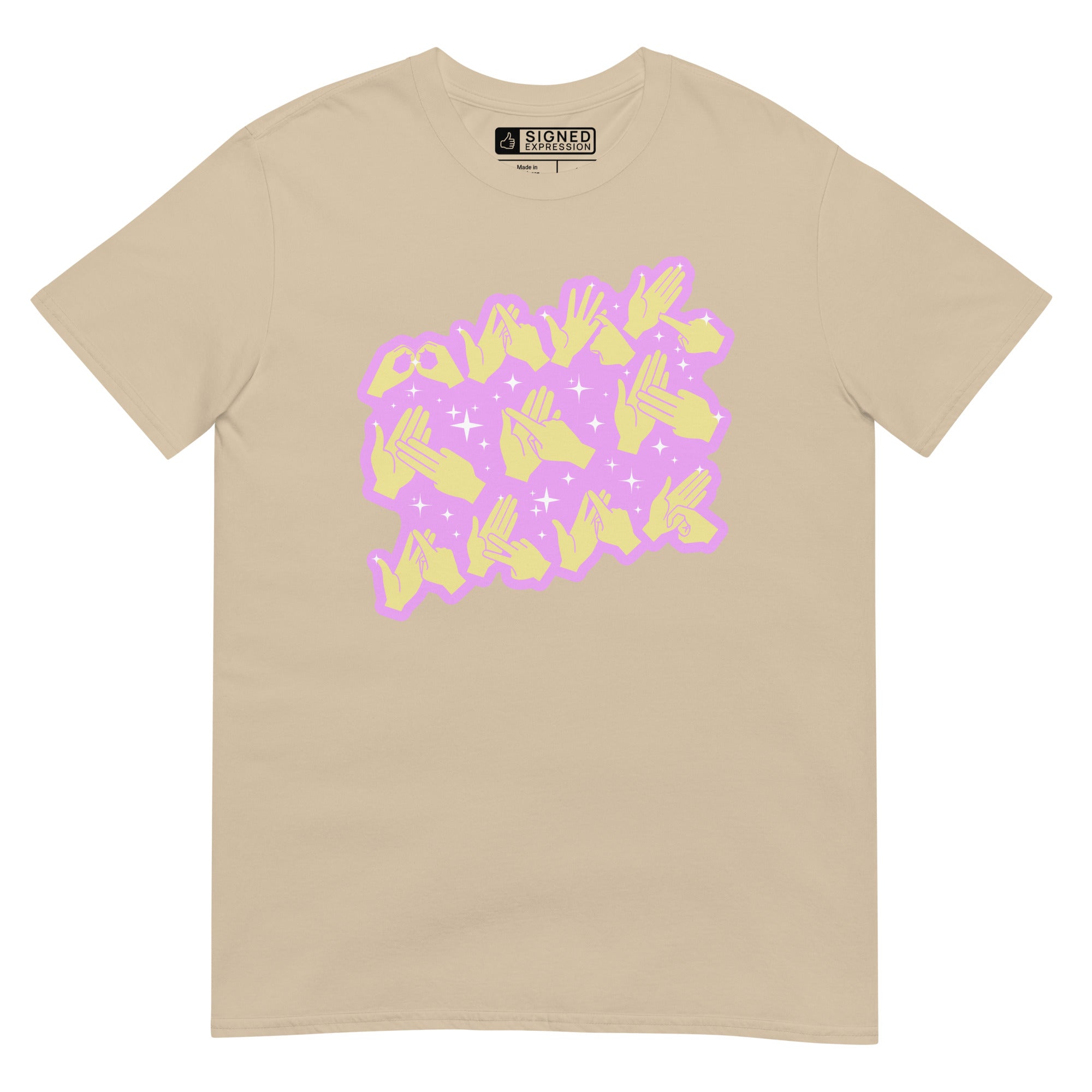 Sand coloured T-Shirt showing a Best Mam Ever BSL fingerspelling design