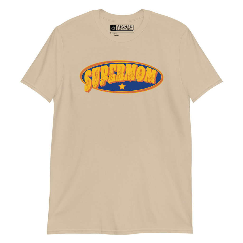 Sand colored T-Shirt showing a Supermom ASL design