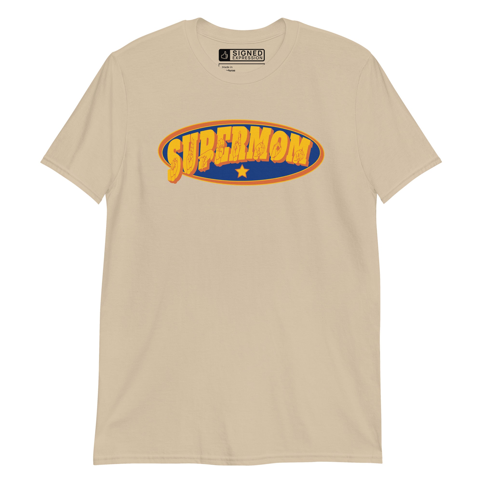 Sand colored T-Shirt showing a Supermom ASL design