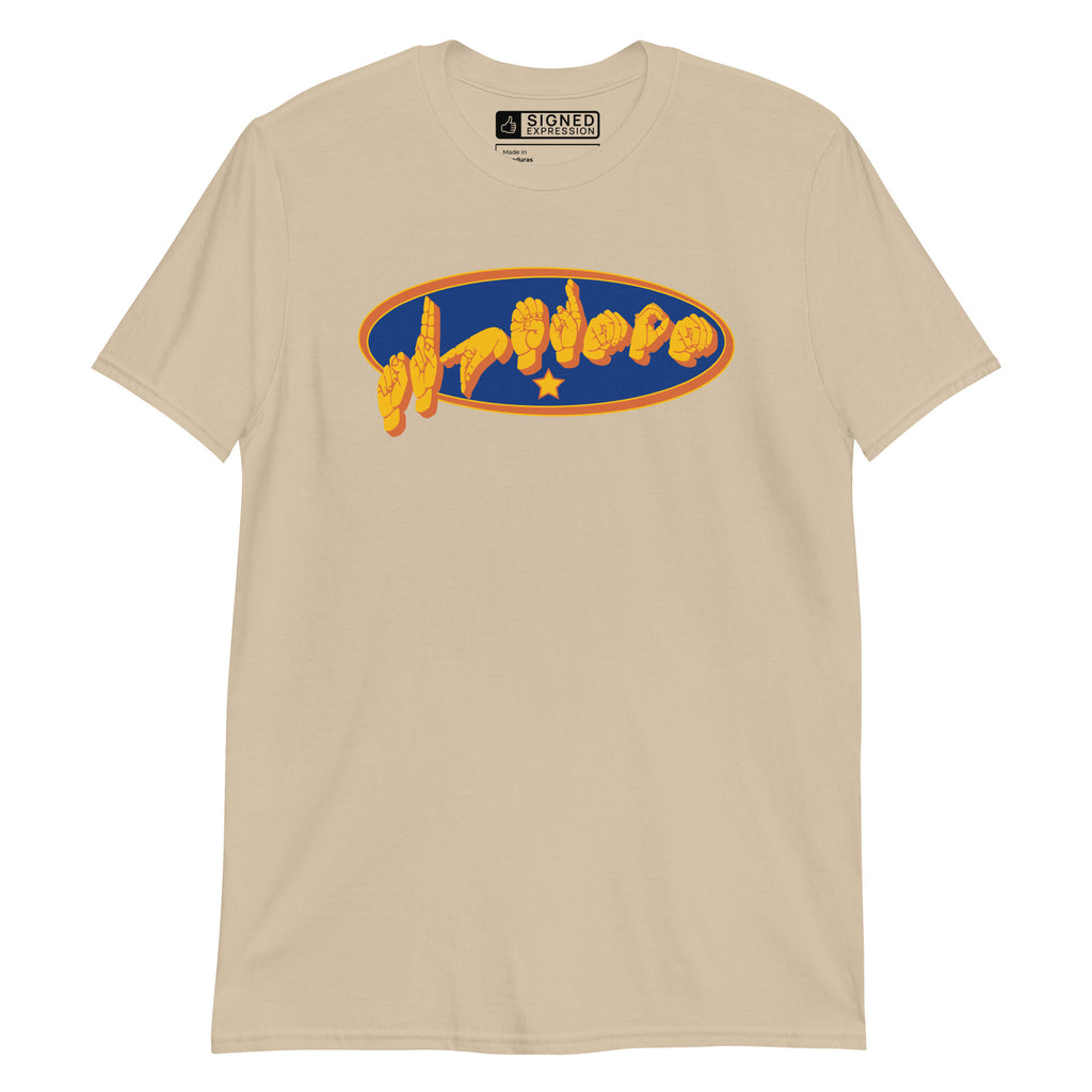Sand colored T-Shirt showing a Supermom ASL fingerspelling design