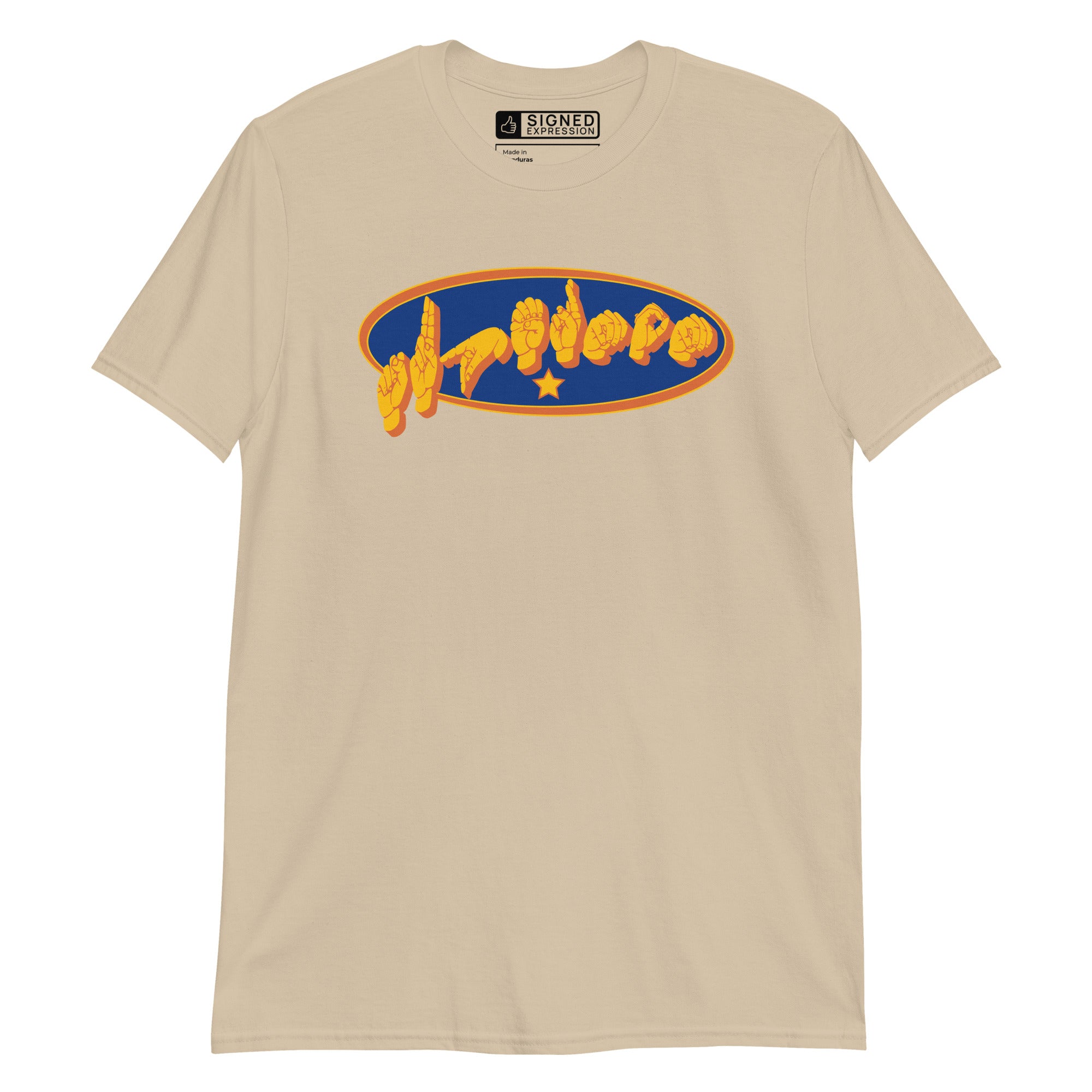 Sand colored T-Shirt showing a Supermom ASL fingerspelling design