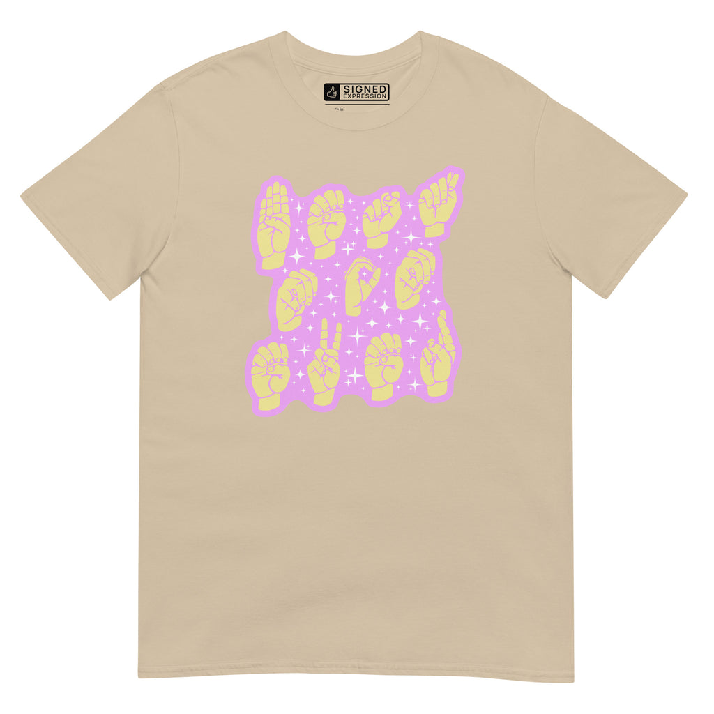 Sand colored T-Shirt showing a Best Mom Ever ASL fingerspelling design