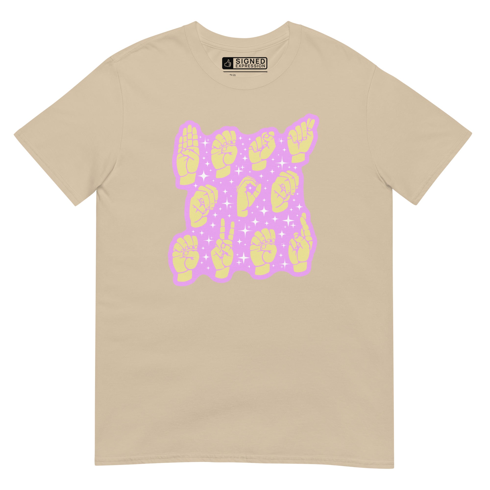 Sand colored T-Shirt showing a Best Mom Ever ASL fingerspelling design