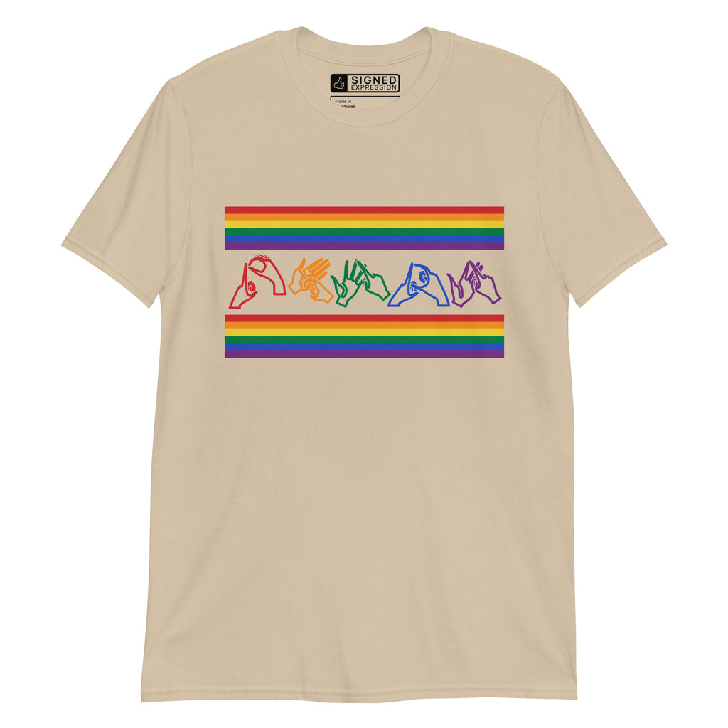 Sand t-shirt with pride rainbow stripes and the word pride in BSL fingerspelling