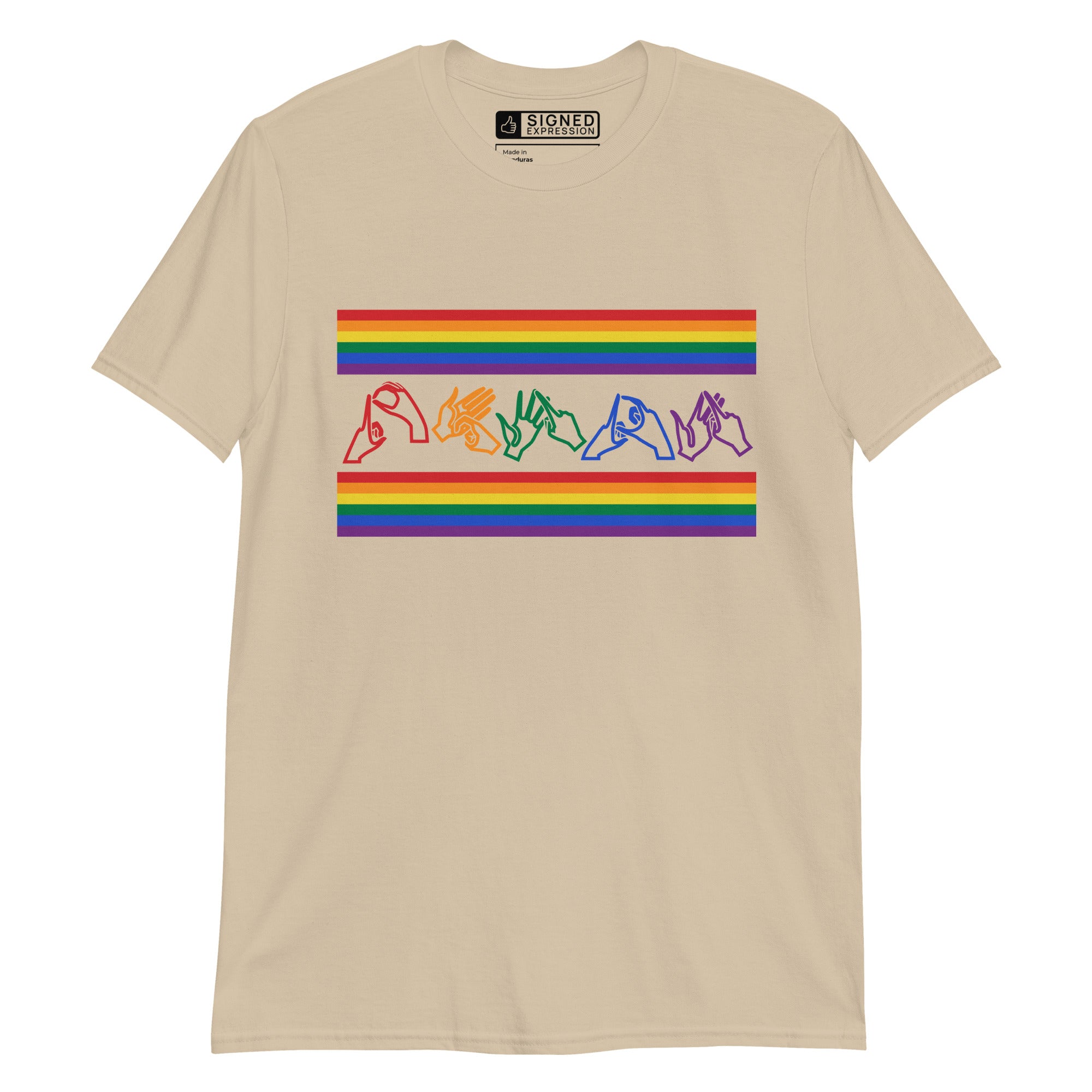 Sand t-shirt with pride rainbow stripes and the word pride in BSL fingerspelling