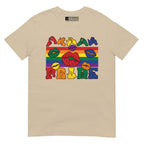 Sand t-shirt with pride rainbow stripes, colourful kissing lips and the word pride in BSL fingerspelling