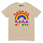 Sand t-shirt with pride rainbow surrounded by the phrase "Love Is Love" in BSL fingerspelling