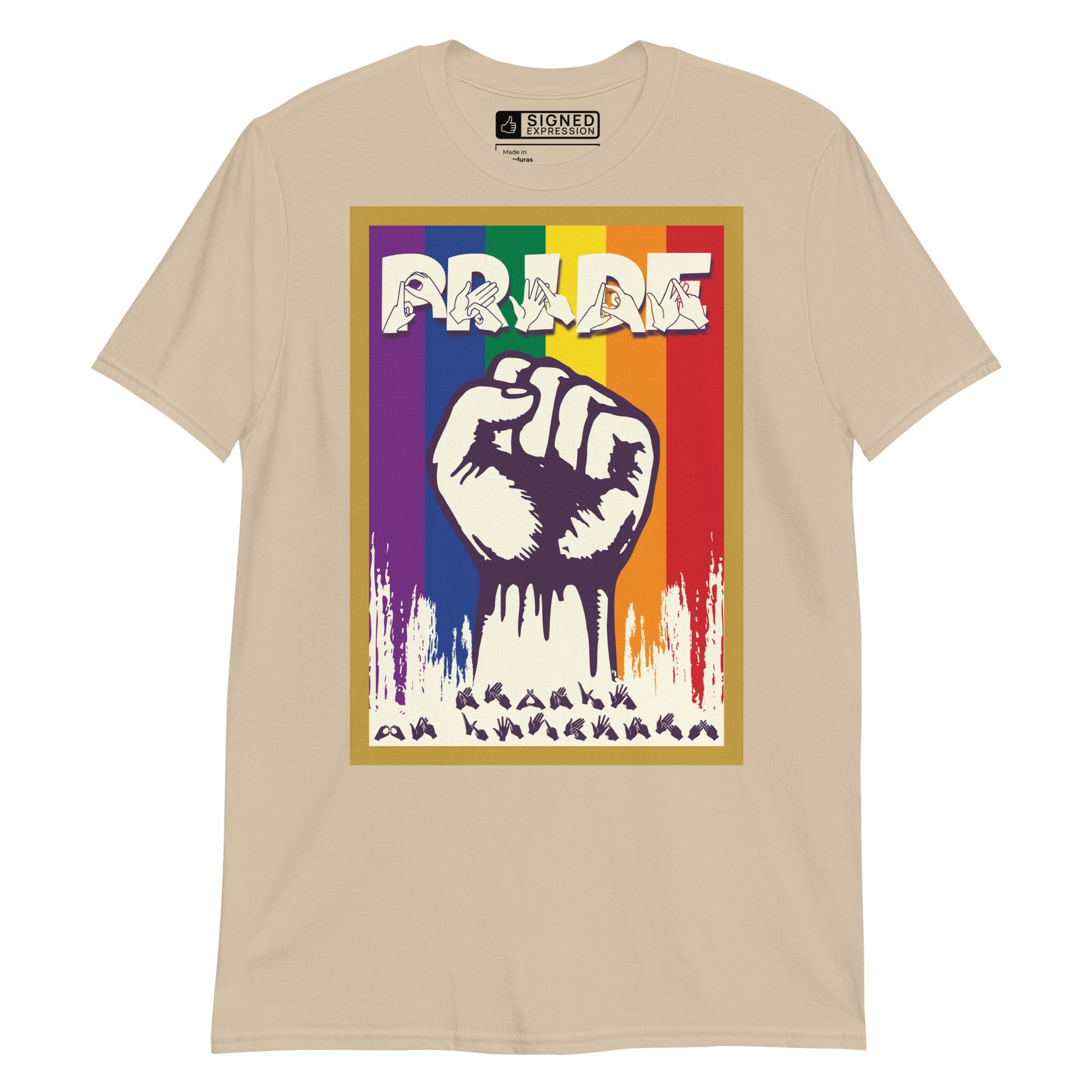 Sand t-shirt with pride solidarity design with BSL fingerspelling font