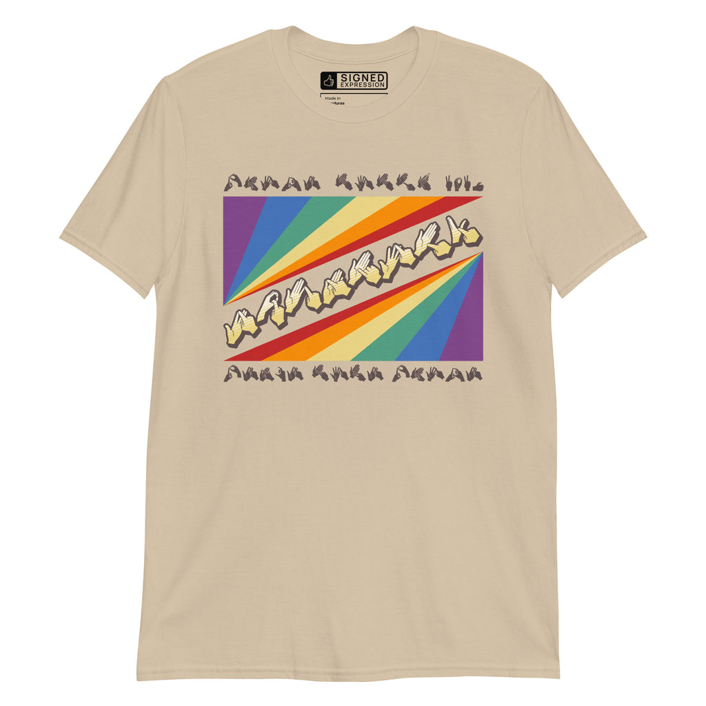 Sand t-shirt with pride rainbow spectrum of colours with the word Equality through the centre in BSL fingerspelling