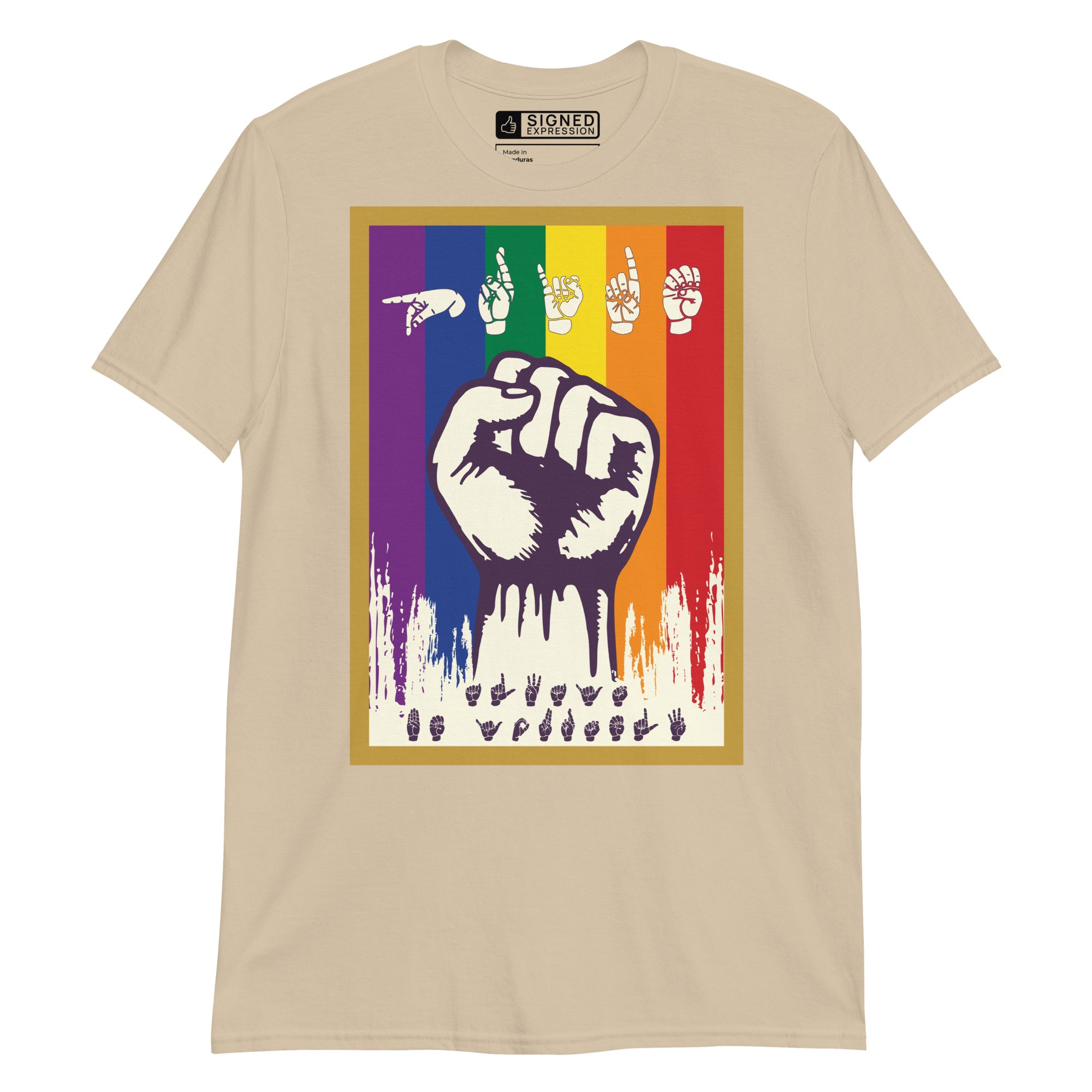 Sand t-shirt with pride solidarity design with ASL fingerspelling