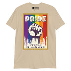 Sand t-shirt with pride solidarity design with ASL fingerspelling font