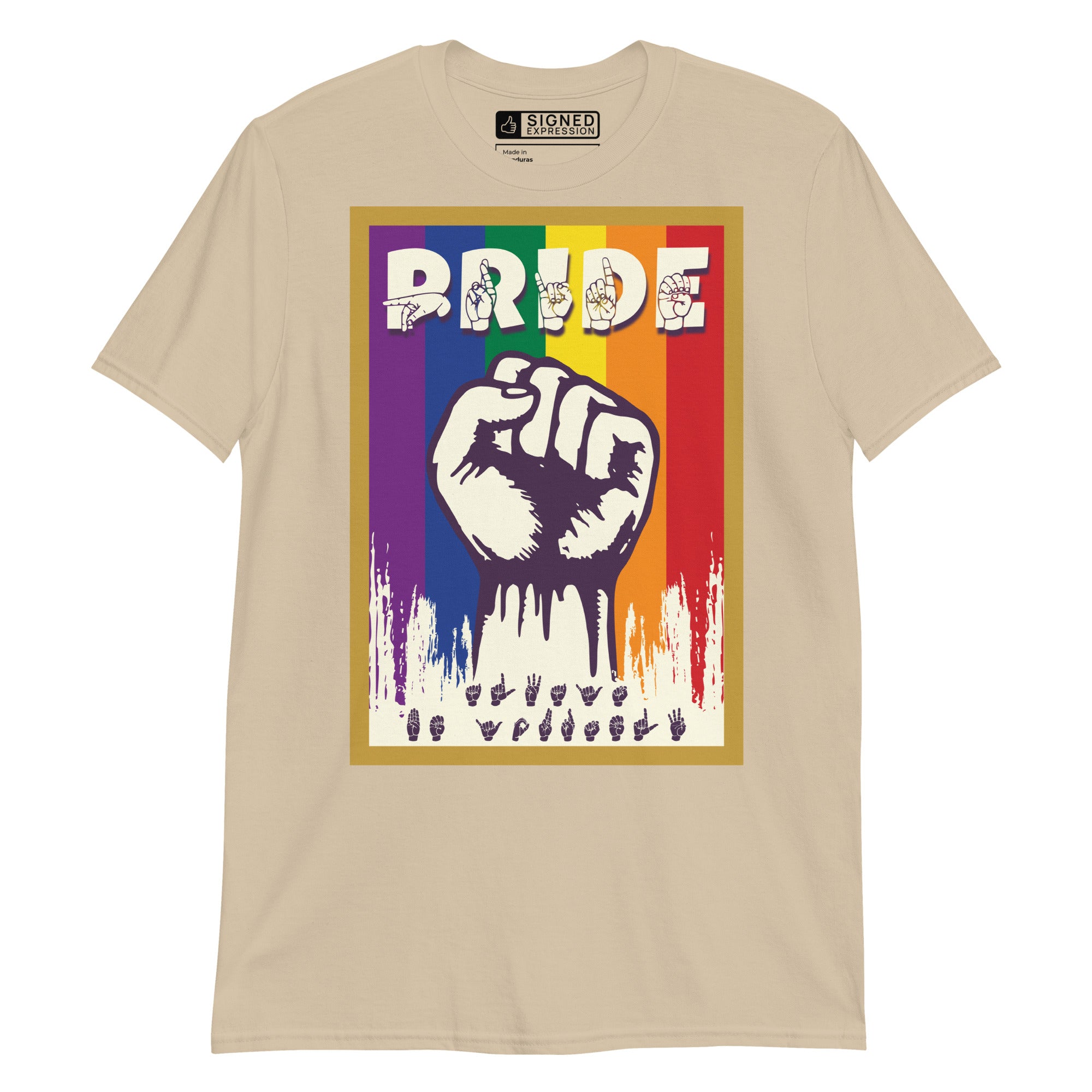 Sand t-shirt with pride solidarity design with ASL fingerspelling font