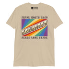 Sand  t-shirt with pride rainbow spectrum of colours with the word Equality through the centre in ASL fingerspelling font