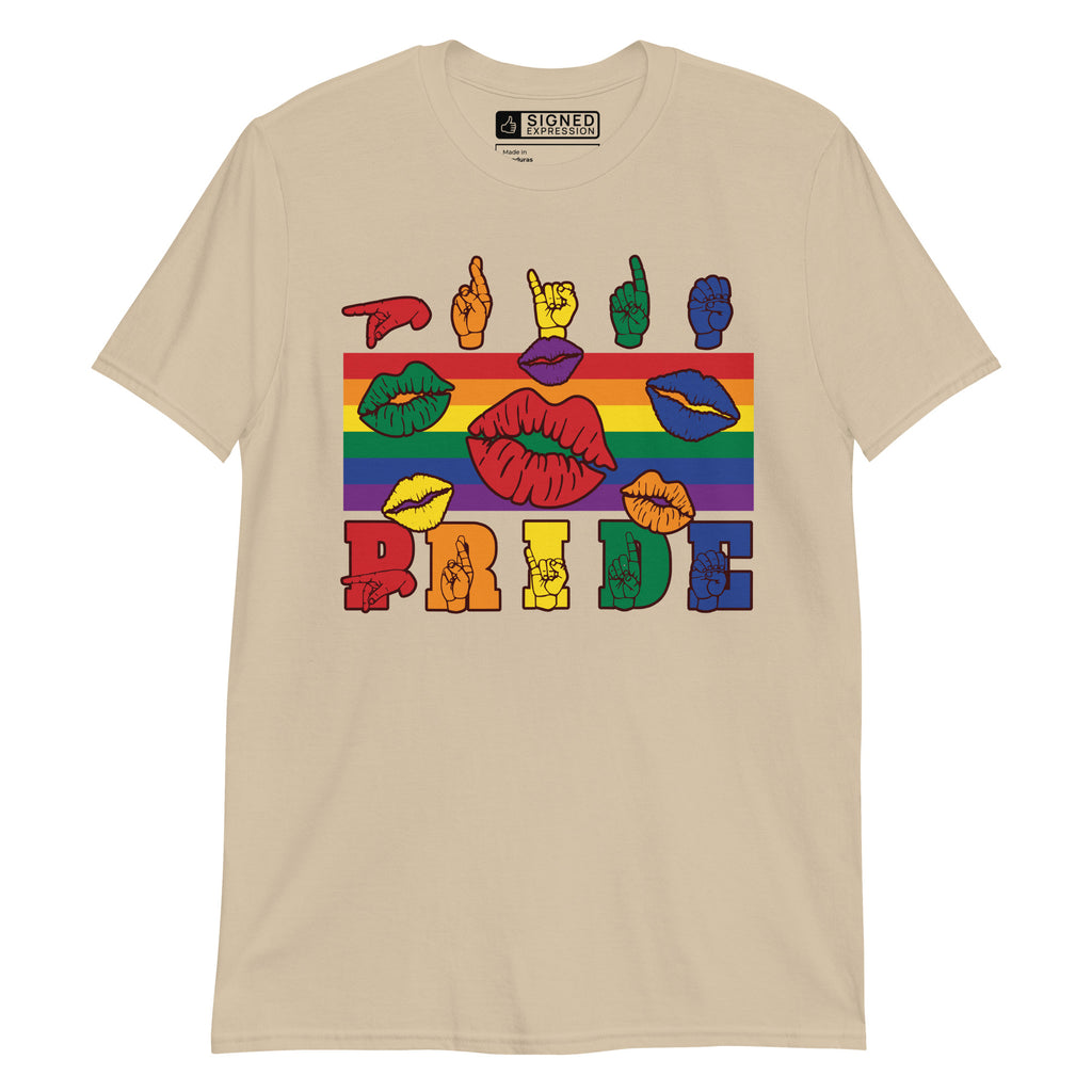 Sand t-shirt with pride rainbow stripes, colourful kissing lips and the word pride in ASL fingerspelling