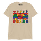Sand t-shirt with pride rainbow stripes, colourful kissing lips and the word pride in ASL fingerspelling