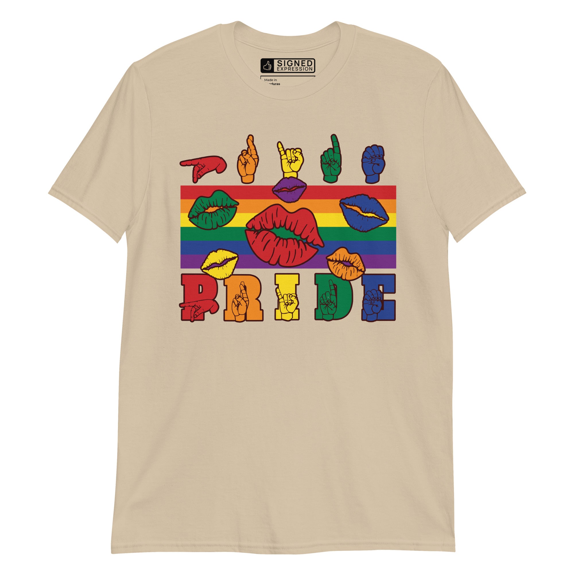 Sand t-shirt with pride rainbow stripes, colourful kissing lips and the word pride in ASL fingerspelling