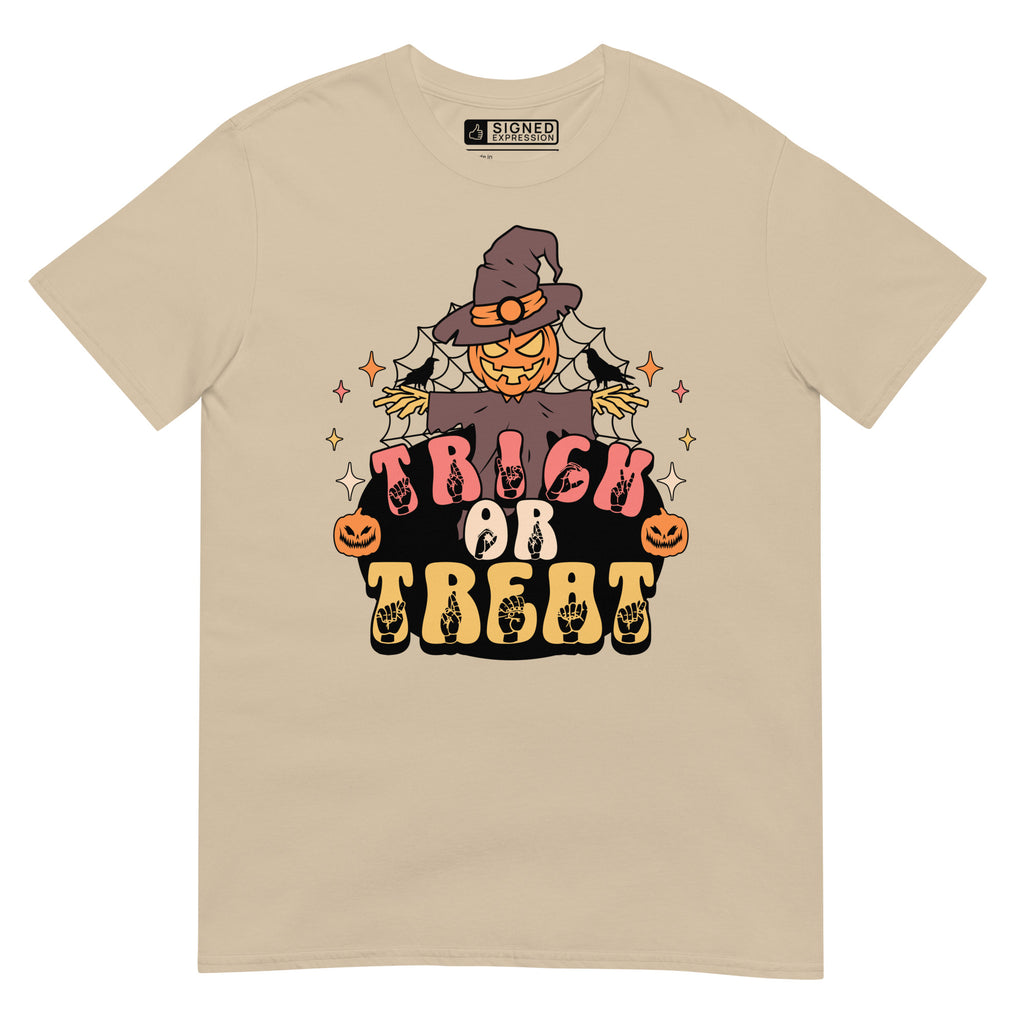 Sand Halloween scarecrow trick or treat t-shirt with ASL design.
