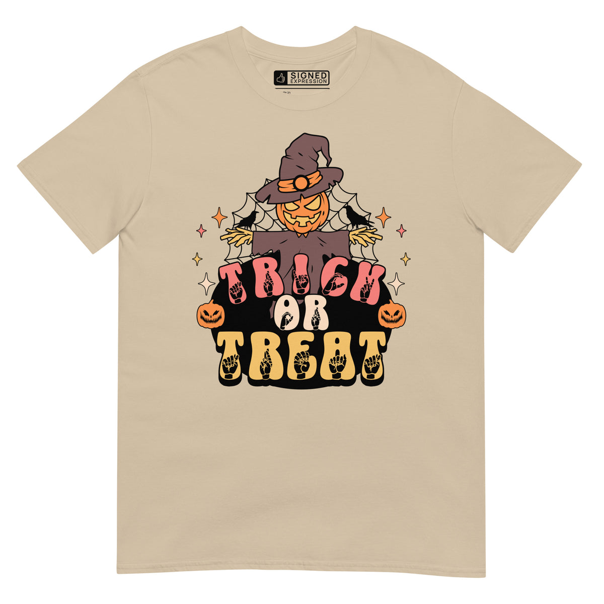 Sand Halloween scarecrow trick or treat t-shirt with ASL design.