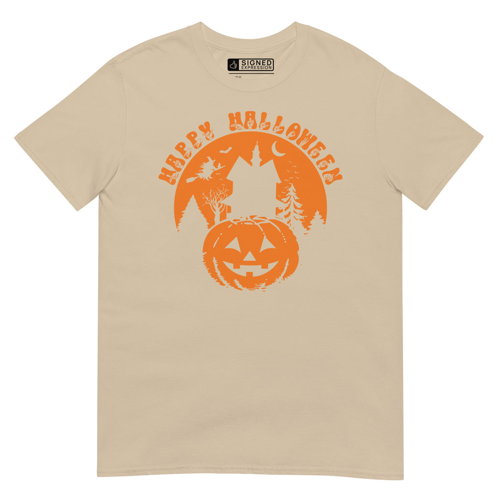 Sand Happy Halloween pumpkin haunted house t-shirt with ASL design