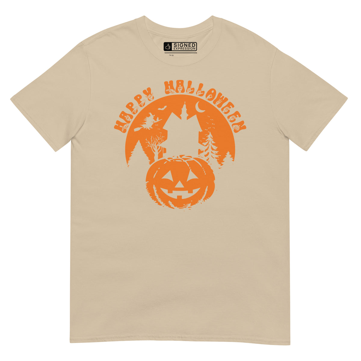 Sand Happy Halloween pumpkin haunted house t-shirt with ASL design