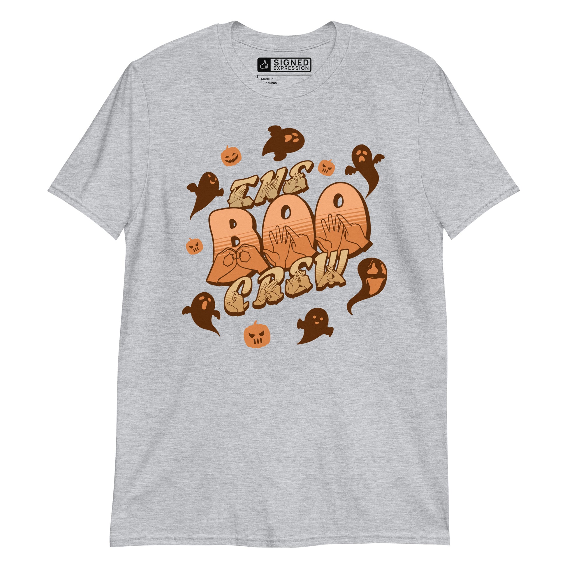 Sport grey coloured kids Boo Crew Halloween t-shirt with pumpkins, ghosts, and BSL design.