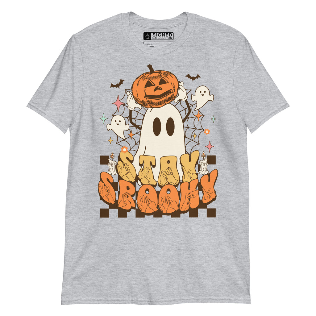 Sport grey coloured kids Stay Spooky ghost pumpkin Halloween t-shirt with BSL design.