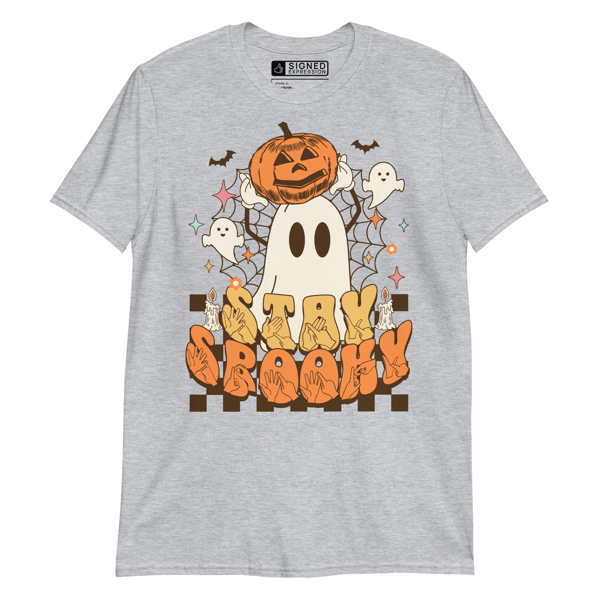 Sport grey coloured kids Stay Spooky ghost pumpkin Halloween t-shirt with BSL design.