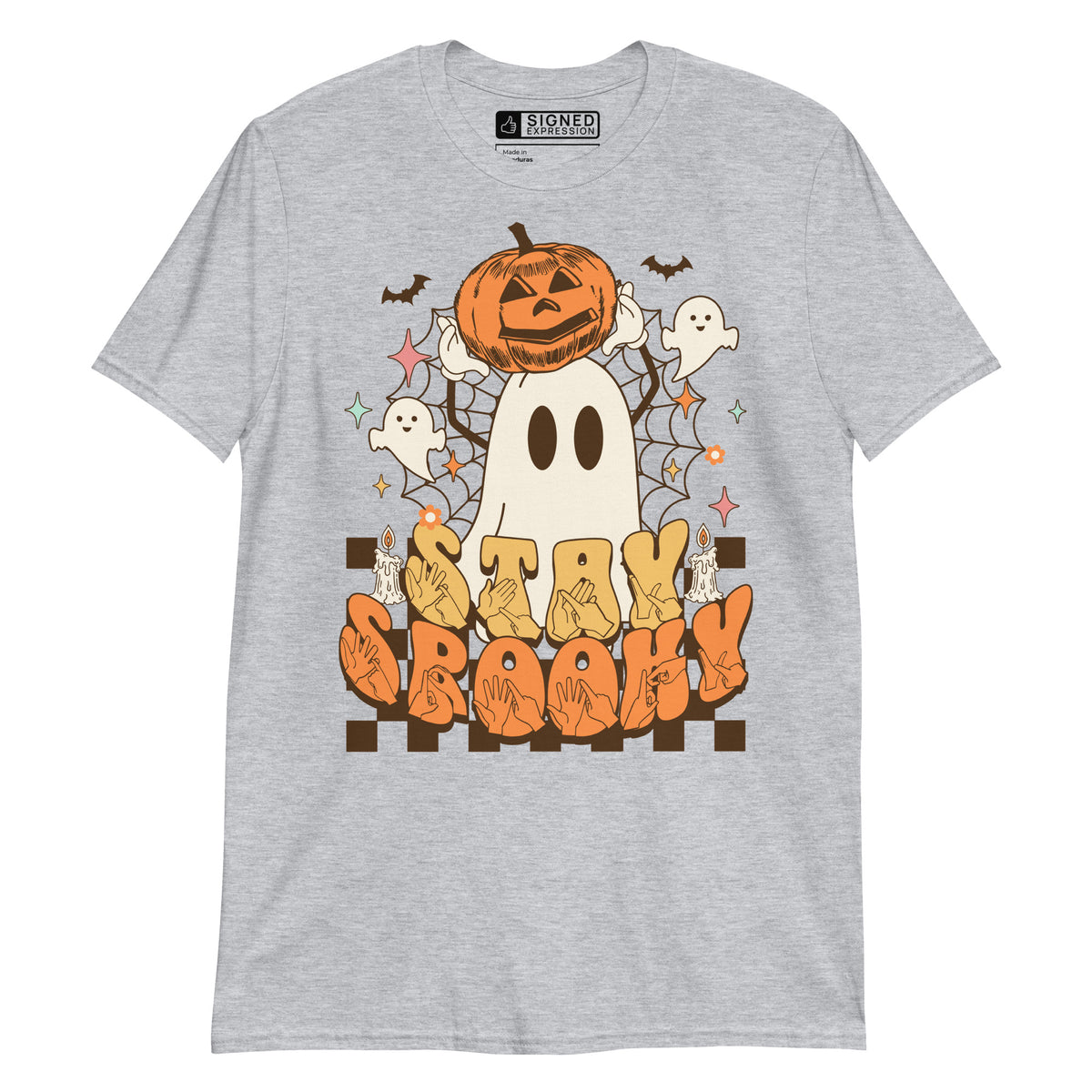 Sport grey Stay Spooky ghost pumpkin Halloween t-shirt with BSL design.