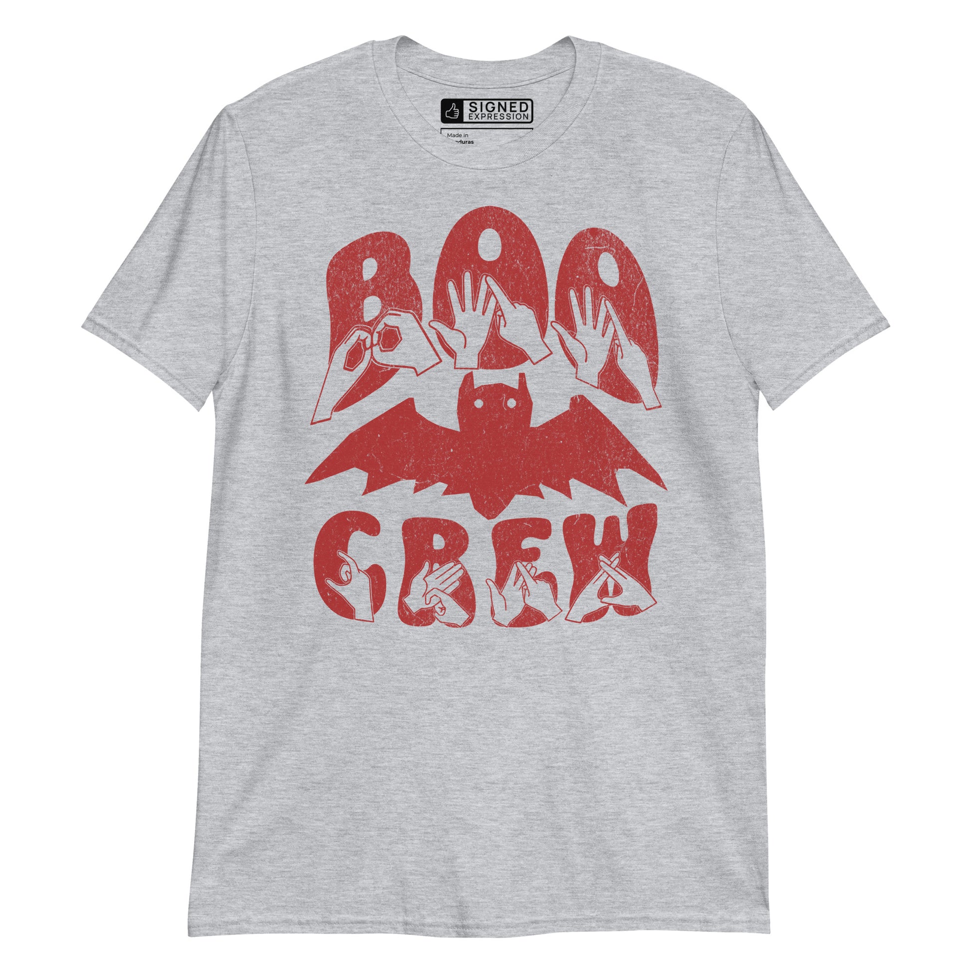 Sports grey coloured kids Boo Crew bat Halloween t-shirt with BSL design.