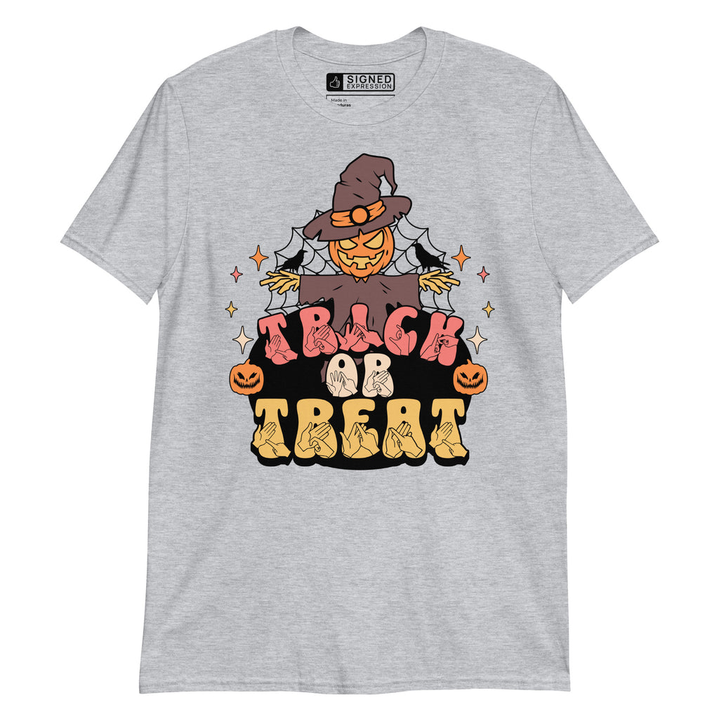 Sport grey coloured Halloween scarecrow trick or treat t-shirt with BSL design.