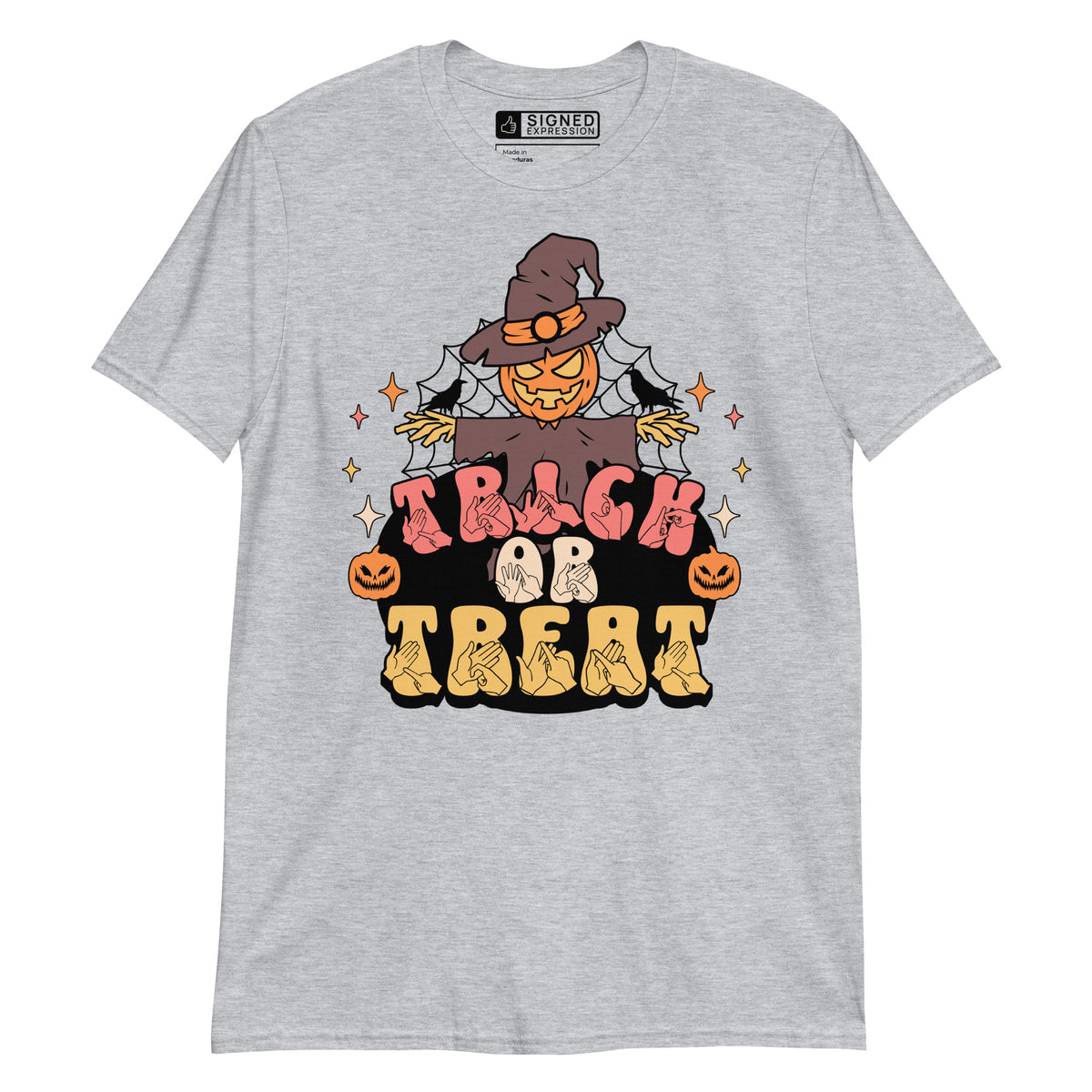 Sport grey coloured Halloween scarecrow trick or treat t-shirt with BSL design.