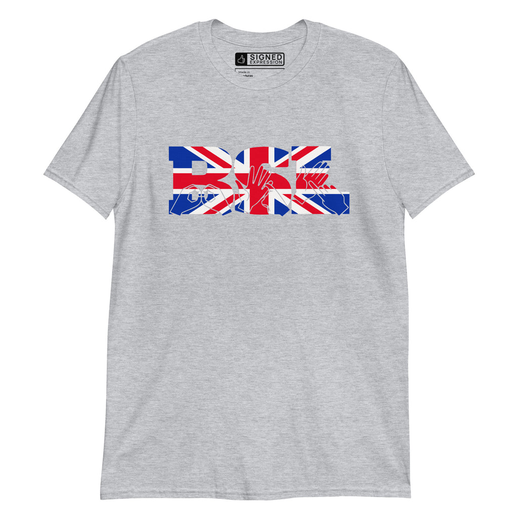 Sport grey t-shirt with ‘BSL’ shown in British Sign Language fingerspelling and text, in red, white, and blue Union Flag colours