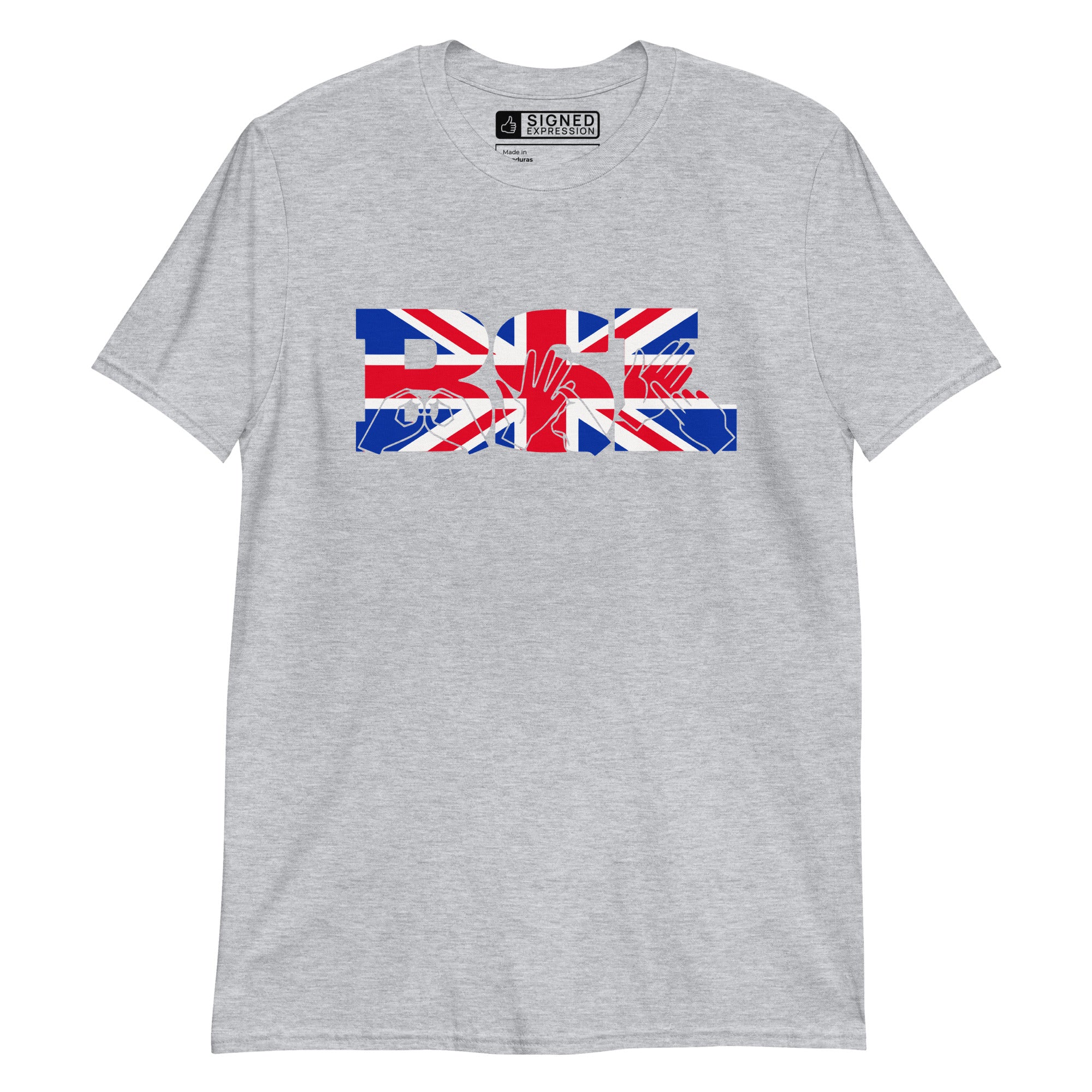 Sport grey t-shirt with ‘BSL’ shown in British Sign Language fingerspelling and text, in red, white, and blue Union Flag colours
