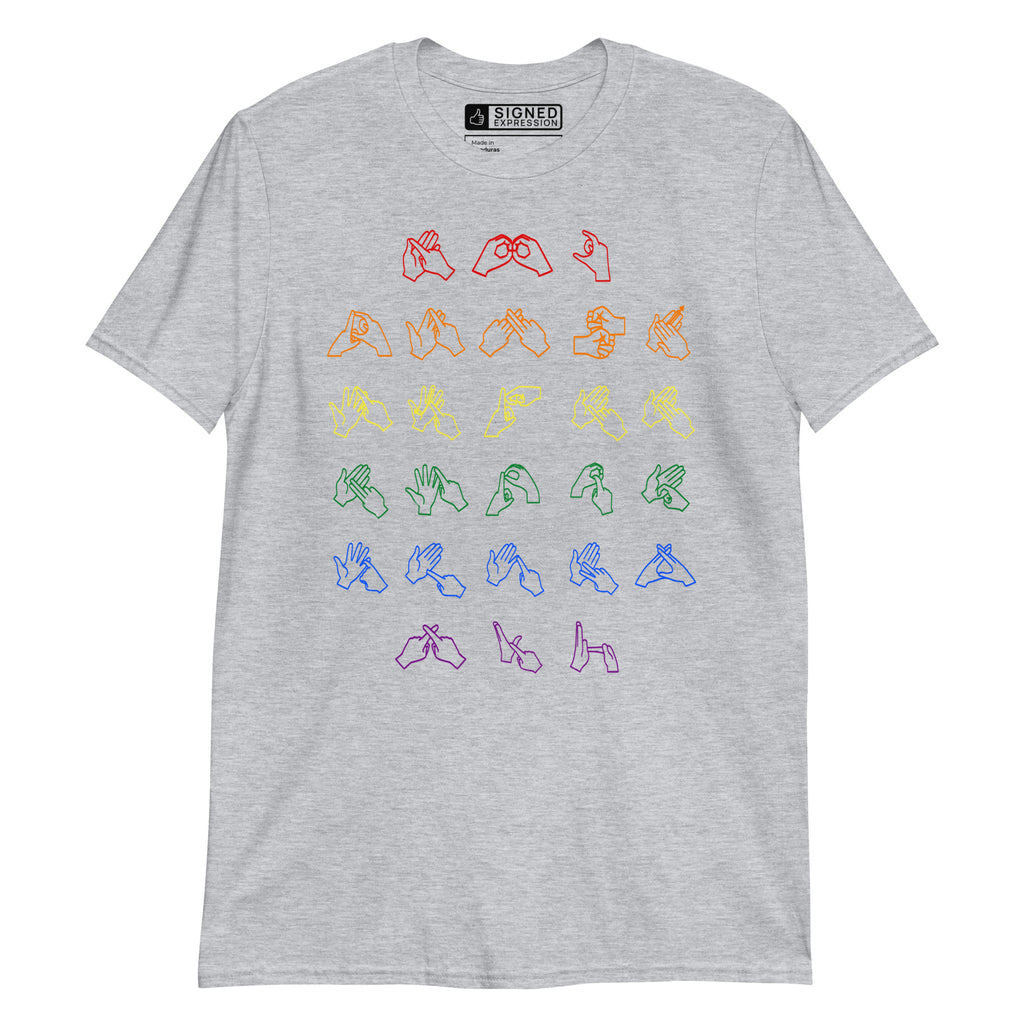 Front view of a sport grey t-shirt with BSL Alphabet - Pride Fingerspelling