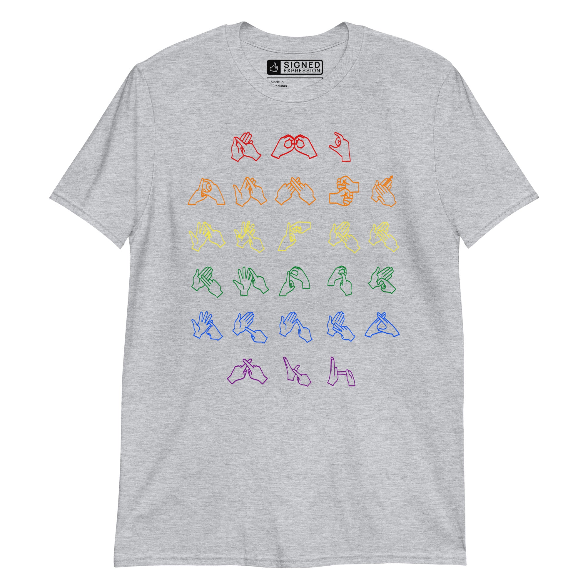 Front view of a sport grey t-shirt with BSL Alphabet - Pride Fingerspelling