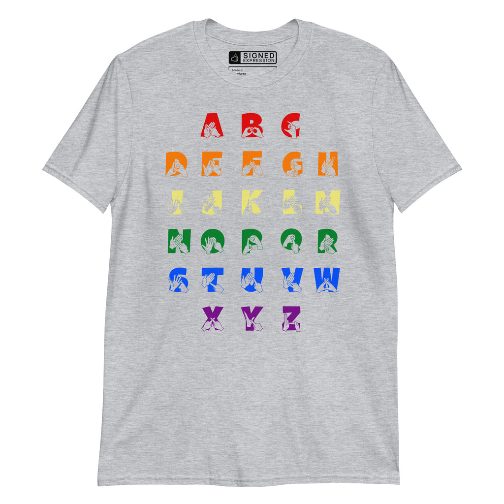 Front view of a sport grey t-shirt with BSL Alphabet - Pride Fingerspelling & Text