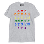 Front view of a sport grey t-shirt with BSL Alphabet - Pride Fingerspelling & Text