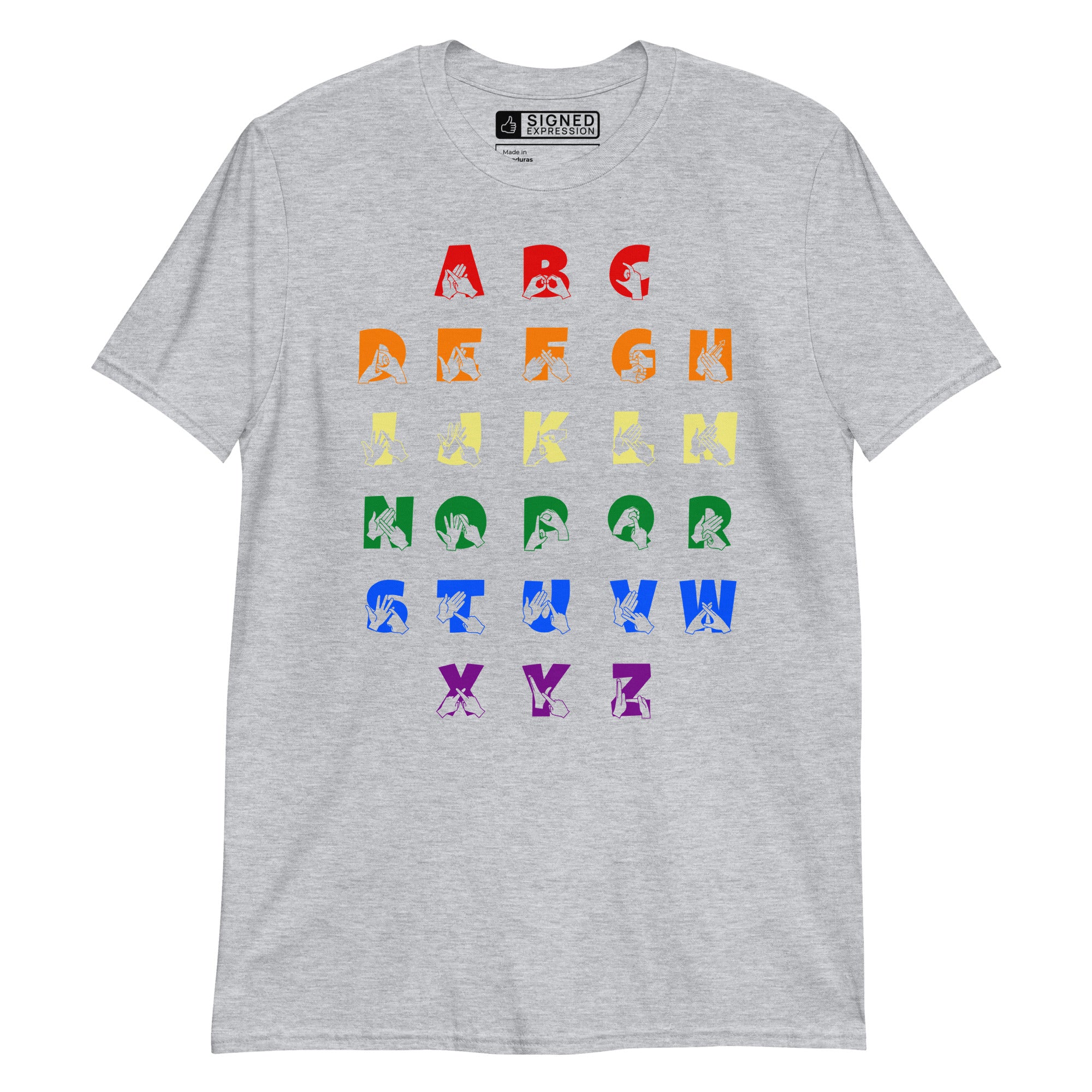 Front view of a sport grey t-shirt with BSL Alphabet - Pride Fingerspelling & Text