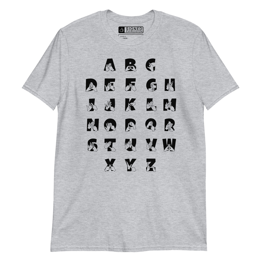 Front view of a sport grey t-shirt with BSL Alphabet - Black Fingerspelling & Text