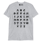 Front view of a sport grey t-shirt with BSL Alphabet - Black Fingerspelling & Text