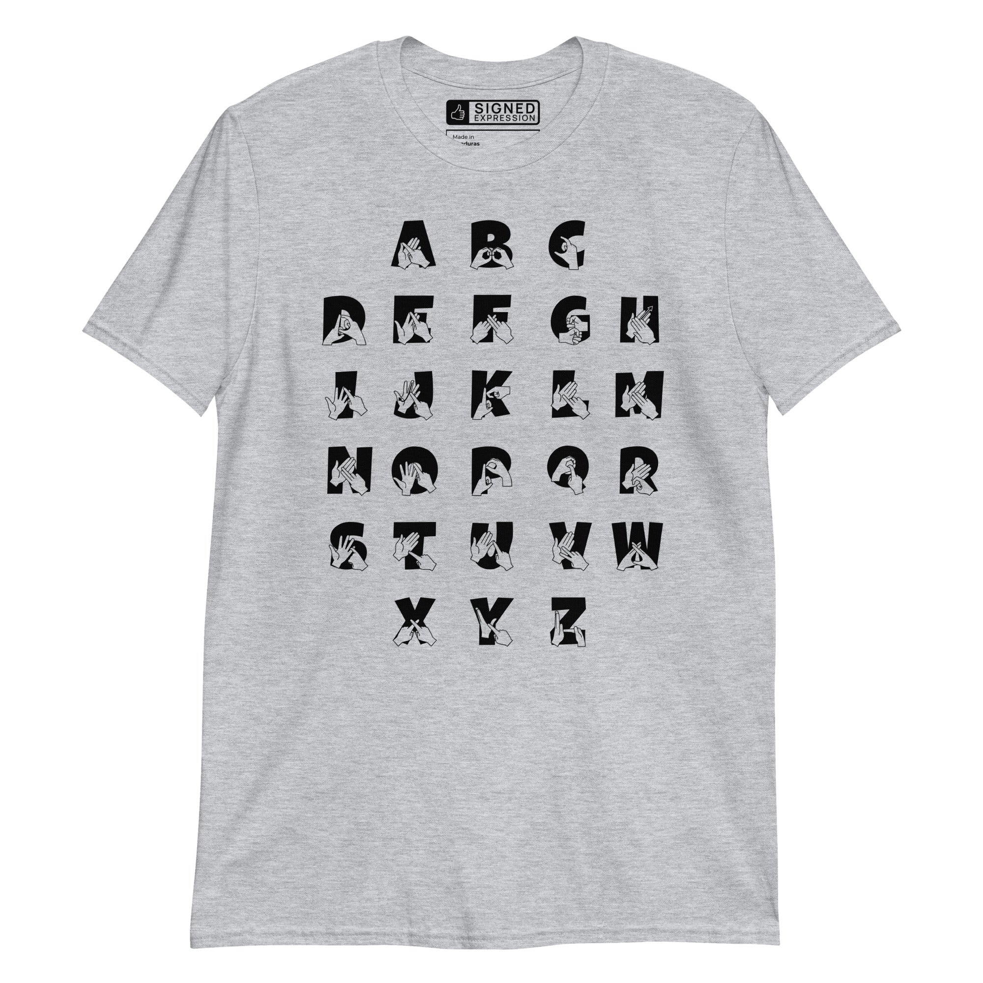 Front view of a sport grey t-shirt with BSL Alphabet - Black Fingerspelling & Text