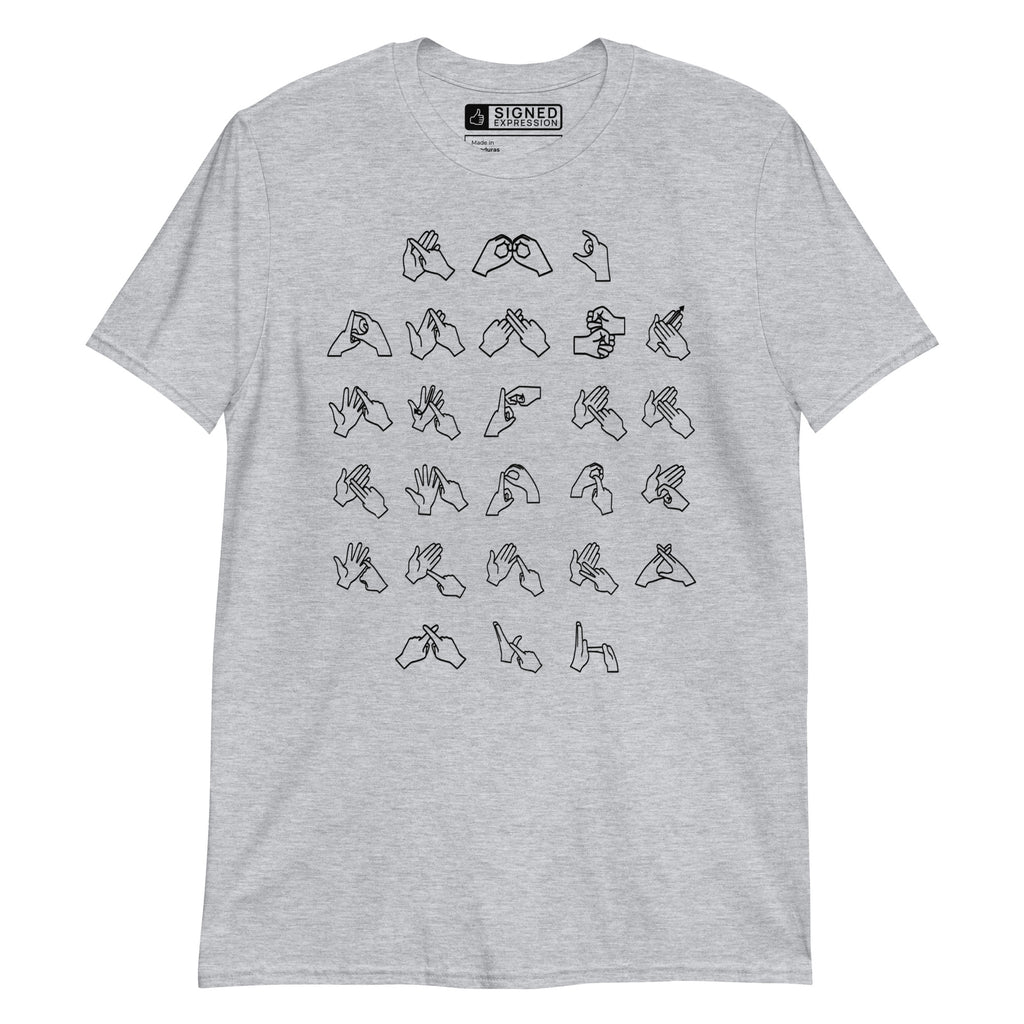 Front view of a sport grey t-shirt with BSL Alphabet - Black Fingerspelling